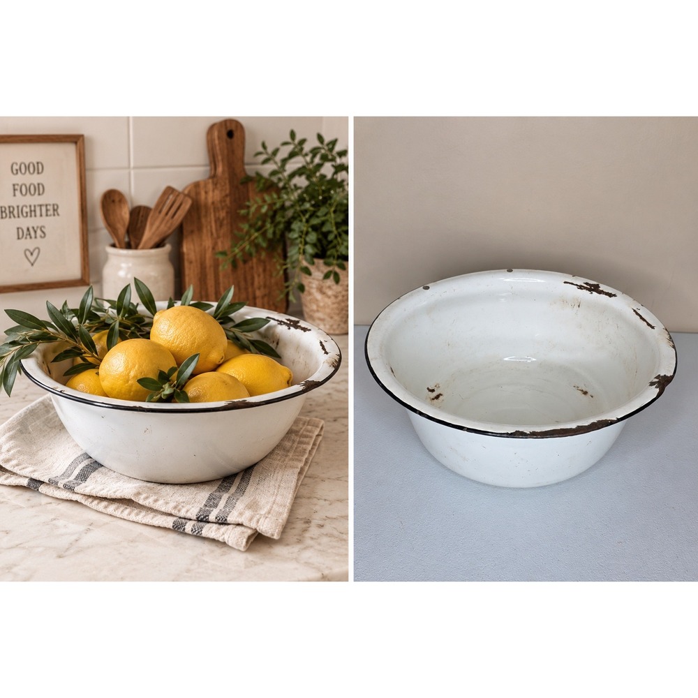 Vintage Enamel Wash Basin Bowl 12.5in White Rustic Farmhouse Cottagecore
